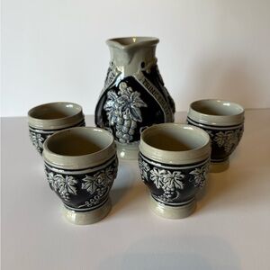 VTG German Salt Glazed Stoneware Wine Pitcher Set Cobalt Blue Grapes 5pc MCM